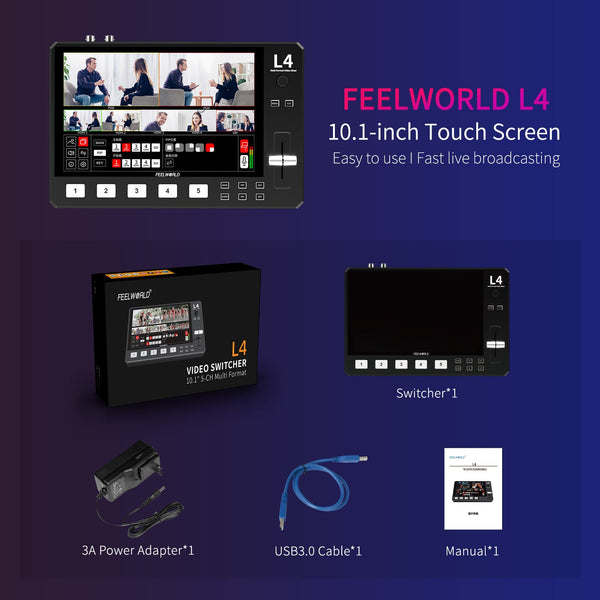 FEELWORLD L4 Multi-camera Video Mixer Switcher 10.1" Touch Screen with USB3.0 Fast Streaming