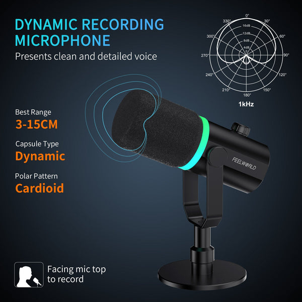 FEELWORLD PM1 XLR USB Dynamic Microphone for Podcasting Recording Gaming Live Streaming