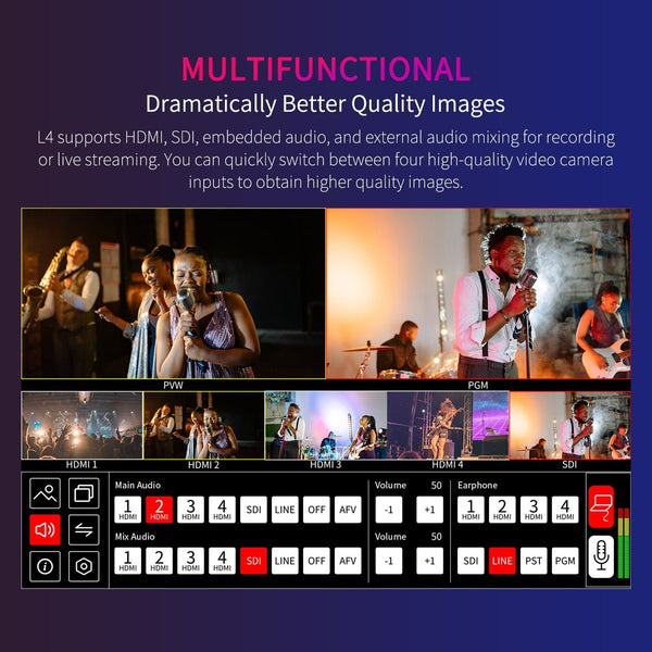 FEELWORLD L4 Multi-camera Video Mixer Switcher 10.1" Touch Screen with USB3.0 Fast Streaming
