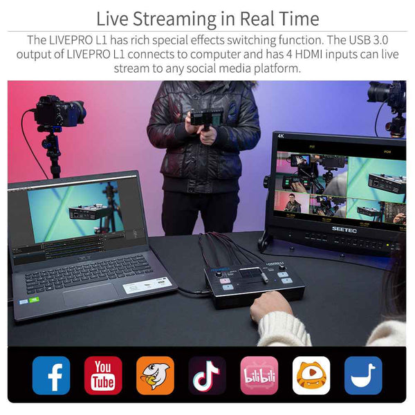 FEELWORLD LIVEPRO L1 MULTI CAMERA VIDEO MIXER SWITCHER 4 HDMI INPUT USB3.0 LCD DISPLAY LIVE STREAM - Feelworld