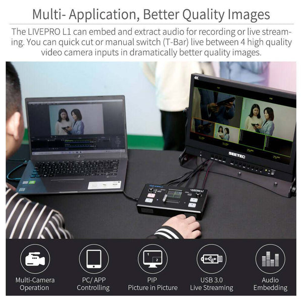 FEELWORLD LIVEPRO L1 V1 MULTI CAMERA VIDEO MIXER SWITCHER LCD SCREEN 4 HDMI INPUT USB3.0 LIVE STREAM - Feelworld