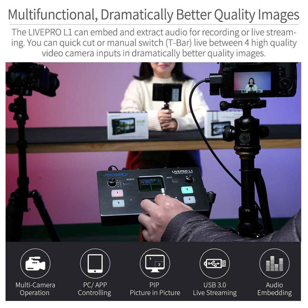 FEELWORLD LIVEPRO L1 MULTI CAMERA VIDEO MIXER SWITCHER 4 HDMI INPUT USB3.0 LCD DISPLAY LIVE STREAM - Feelworld