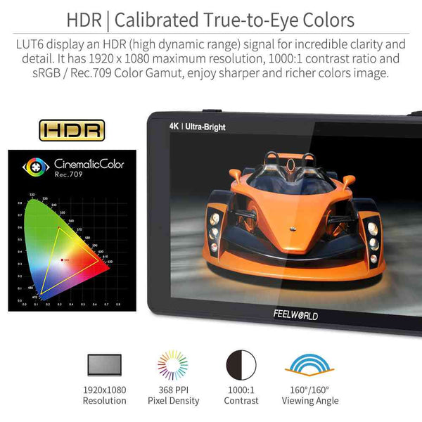 FEELWORLD LUT6S 6 INCH 2600NITS HDR/3D LUT TOUCH SCREEN DSLR CAMERA FIELD MONITOR 3G-SDI 4K HDMI - Feelworld