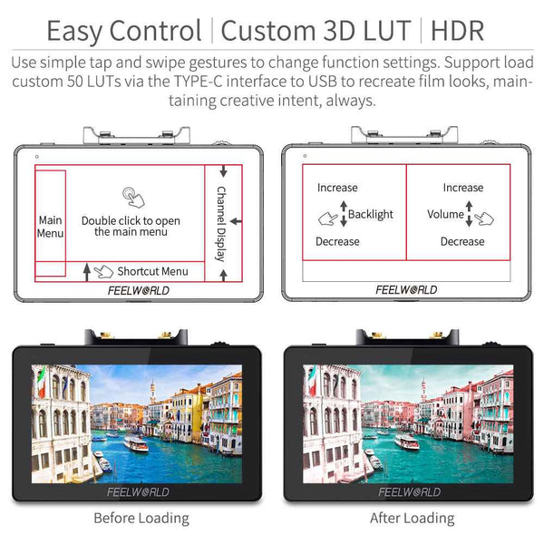 FEELWORLD FT6 FR6 5.5 INCH wireless transmission system uses simple tap and swipe gestures to change function settings. Supports up to 50 custom LUTS