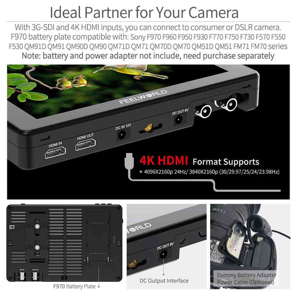 FEELWORLD LUT7S PRO 7 INCH 2200NITS DSLR CAMERA FIELD MONITOR 3D LUT TOUCH 4K HDMI 3G-SDI F970 KIT - Feelworld