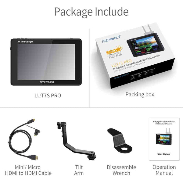 FEELWORLD LUT7S PRO 7 INCH 2200NITS DSLR CAMERA FIELD MONITOR 3D LUT TOUCH 4K HDMI 3G-SDI F970 KIT - Feelworld