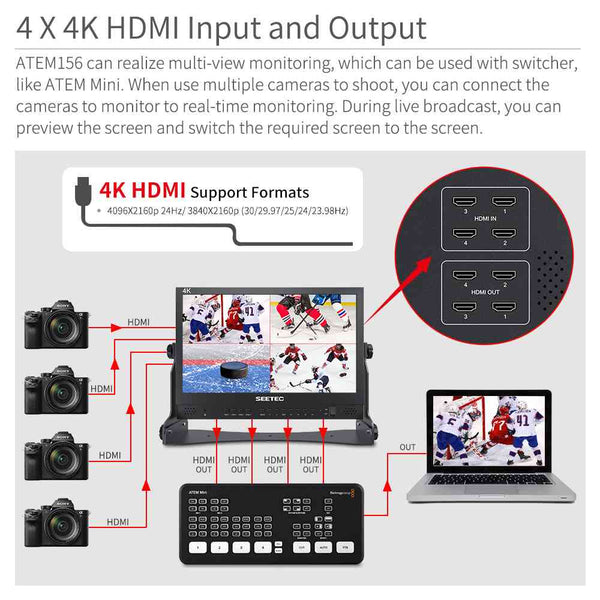 SEETEC ATEM156 15.6 INCH LIVE STREAMING BROADCAST MONITOR WITH 4 HDMI INPUT OUTPUT - Feelworld