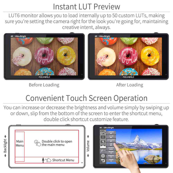 FEELWORLD LUT6 6" 2600NITS HDR/3D LUT TOUCHSCREEN DSLR CAMERA FIELD MONITOR WITH WAVEFORM 4K HDMI - Feelworld