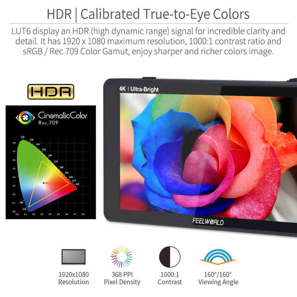 FEELWORLD LUT6 6" 2600NITS HDR/3D LUT TOUCHSCREEN DSLR CAMERA FIELD MONITOR WITH WAVEFORM 4K HDMI - Feelworld