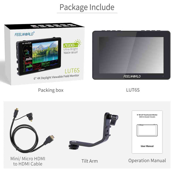 FEELWORLD LUT6S 6 INCH 2600NITS HDR/3D LUT TOUCH SCREEN DSLR CAMERA FIELD MONITOR 3G-SDI 4K HDMI - Feelworld
