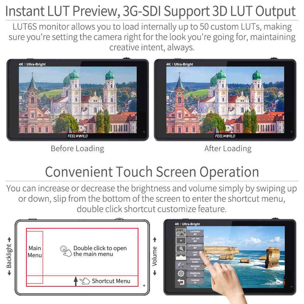 FEELWORLD LUT6S 6 INCH 2600NITS HDR/3D LUT TOUCH SCREEN DSLR CAMERA FIELD MONITOR 3G-SDI 4K HDMI - Feelworld
