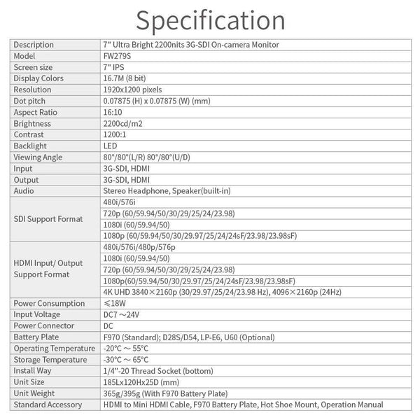 FEELWORLD FW279S 7 INCH ULTRA BRIGHT 2200NIT DAYLIGHT VIEWABLE DSLR CAMERA FIELD MONITOR SDI 4K HDMI - Feelworld