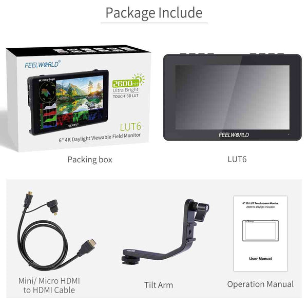 FEELWORLD LUT6 6" 2600NITS HDR/3D LUT TOUCHSCREEN DSLR CAMERA FIELD MONITOR WITH WAVEFORM 4K HDMI - Feelworld