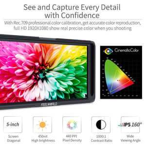 FEELWORLD F5 5 INCH SMALL 4K HDMI DSLR ON CAMERA MONITOR FULL HD 1920X1080 PEAKING ASSIST DC OUT - Feelworld