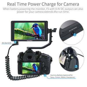 This 4k monitor, the FEELWORLD F5 5 inch camera monitor can also provide real time power charge for your camera