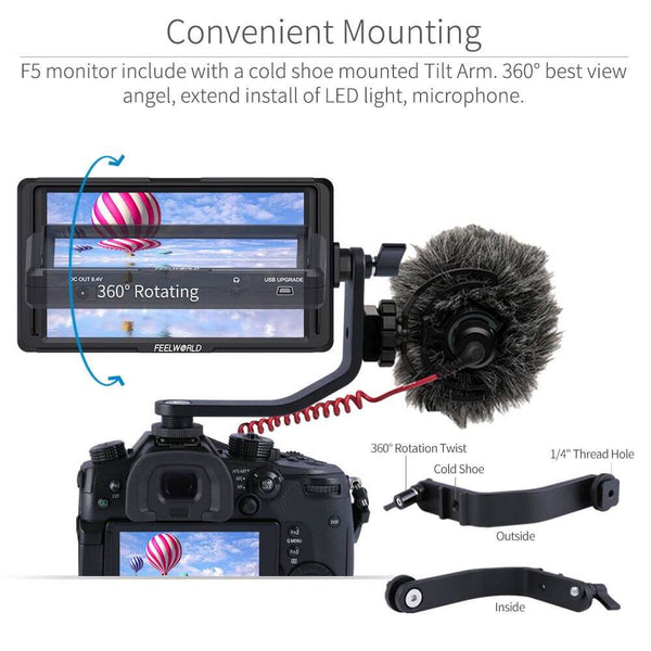 FEELWORLD F5 5 INCH SMALL 4K HDMI DSLR ON CAMERA MONITOR FULL HD 1920X1080 PEAKING ASSIST DC OUT - Feelworld