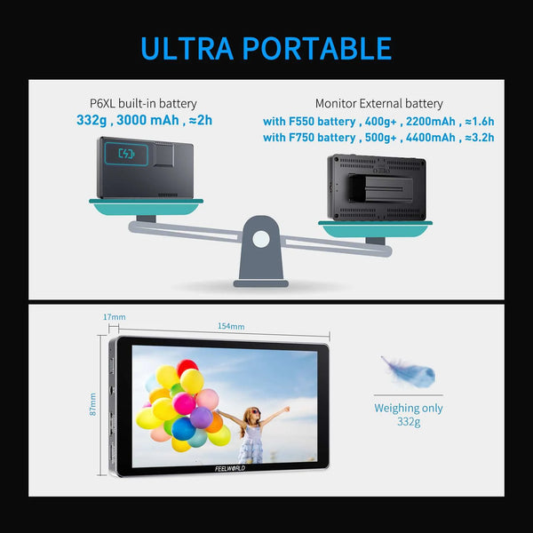 FEELWORLD P6XL 6 Inch 1200nit Built in Battery Aluminium DSLR Camera Field Monitor Touch Screen 4K HDMI