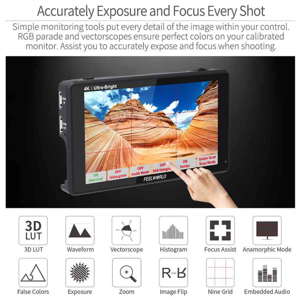 FEELWORLD LUT6 6" 2600NITS HDR/3D LUT TOUCHSCREEN DSLR CAMERA FIELD MONITOR WITH WAVEFORM 4K HDMI - Feelworld